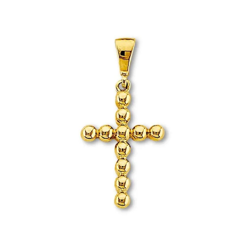 14K Yellow Gold Beaded Cross Pendant | Fine Bead Design Charm By Tehrani Jewelry
